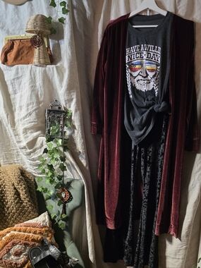 Boho Chic Burgundy Velvet Duster Cardigan